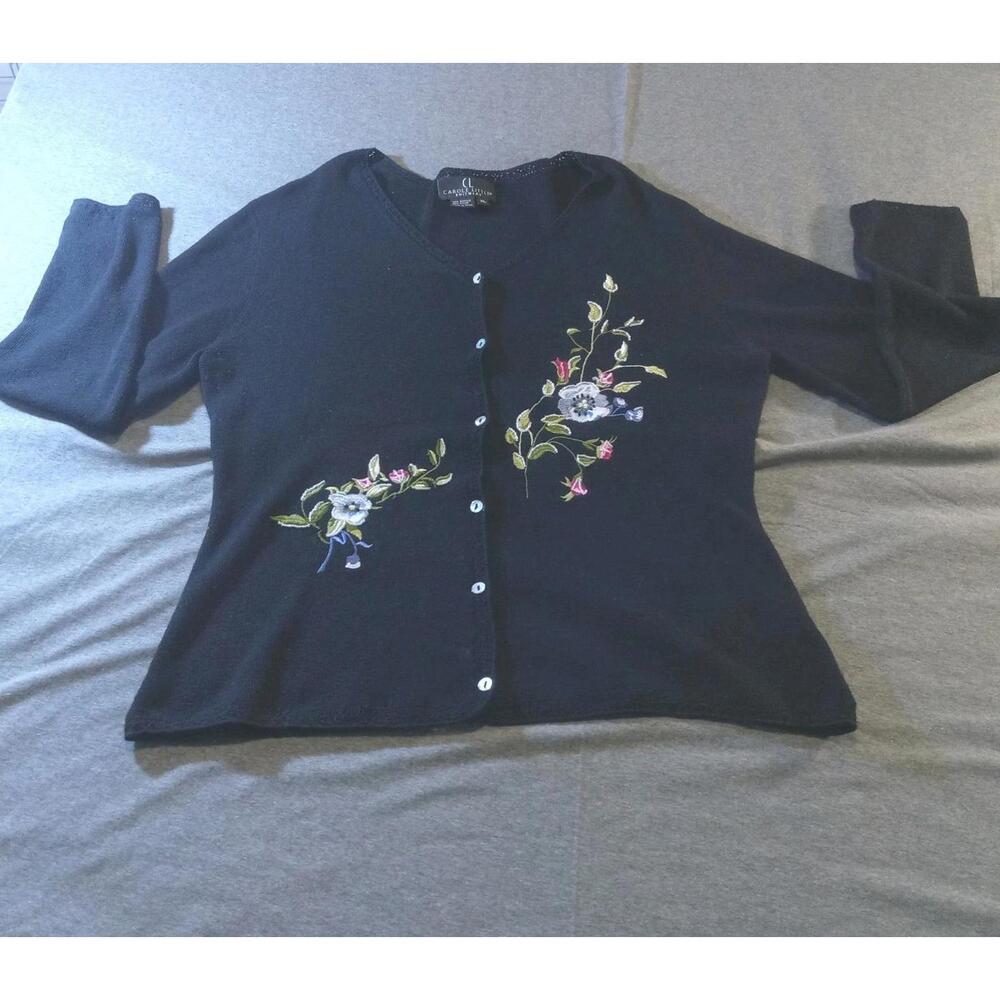 Carole Little Knitwear Sweater Womens XL Black Embroidered Floral Button Up